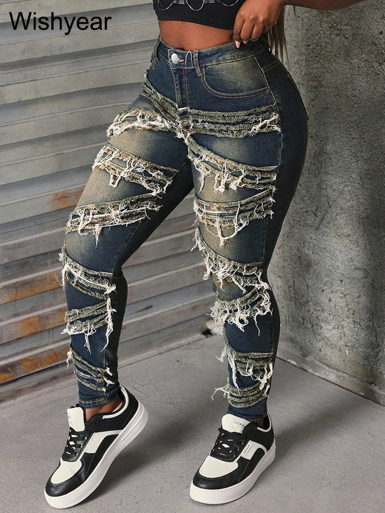 Vintage Pencil Pants Ripped Women Jeans Distressed Stretch Denim Trouser Wash Dark Blue Skinny Pockets Punk Style