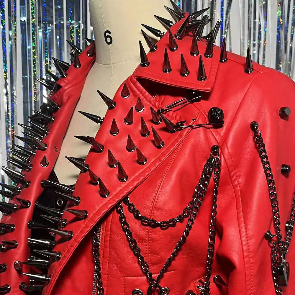Punk Rock E-Girls Club Wear Harajuku Coat Goth Y2K Pu leather Jacket Zipper Spike Studded Rivet Grunge Chain Emo