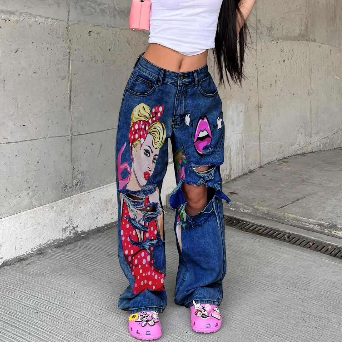 Wide-leg Jeans for women Retro High Waisted Ripped Straight-leg Denim Versatile Harem Pants