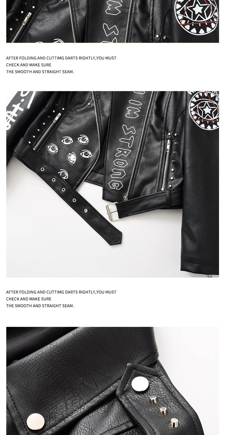 High Street Leather Jacket Women Rivet PU Leather Bomber Jacket Eyelet Print Punk Moto Biker Coat Outerwear Luxury Women Clothes