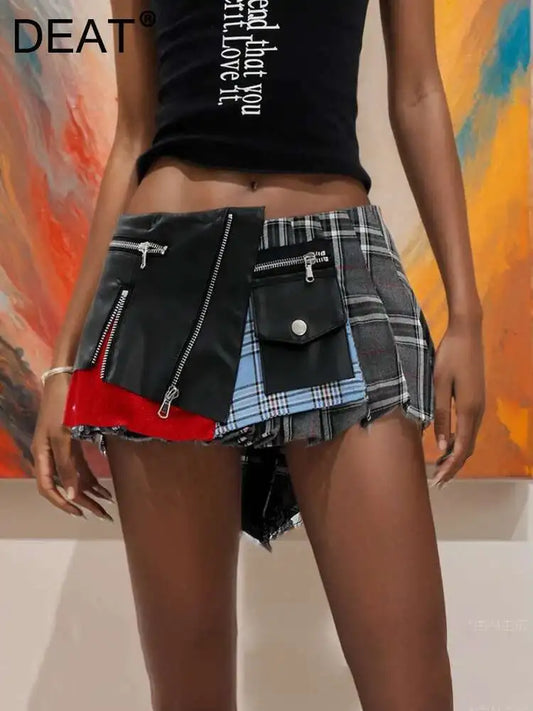 Patchwork Plaid Design Pleated Mini Skirts High Waist A-line Skirt Female/ women's