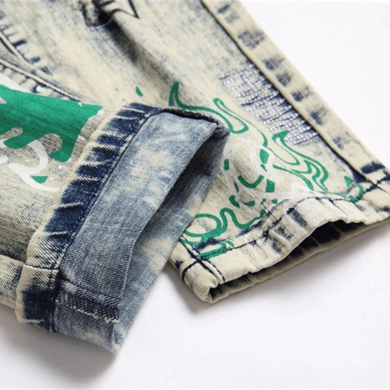 Stretch Denim Jeans Streetwear Patchwork Holes Ripped Distressed