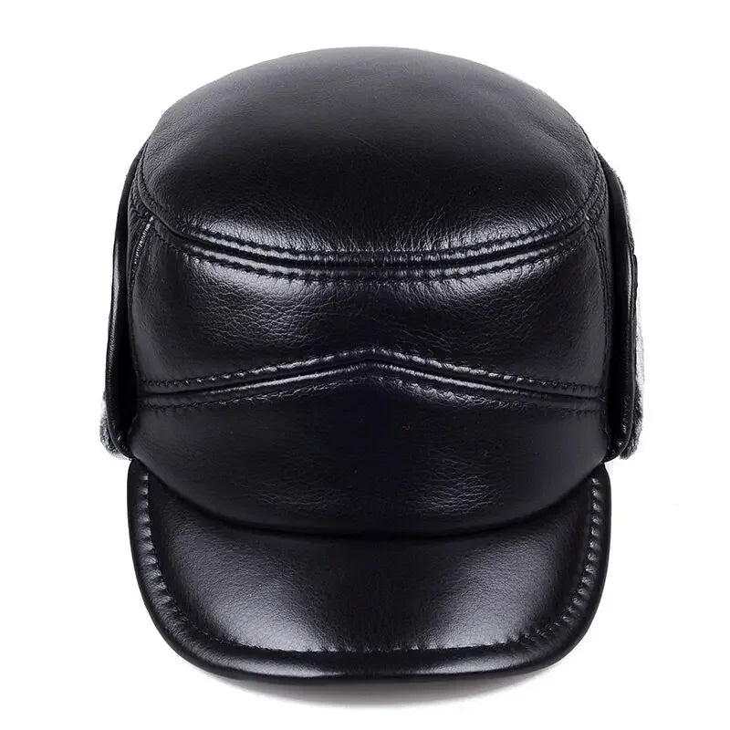 High Quality Genuine Leather Hats Winter First Layer Cowhide Warm Earmuffs Bomber Caps Plus Velvet Thicken Man Bone Caps Dad Hat