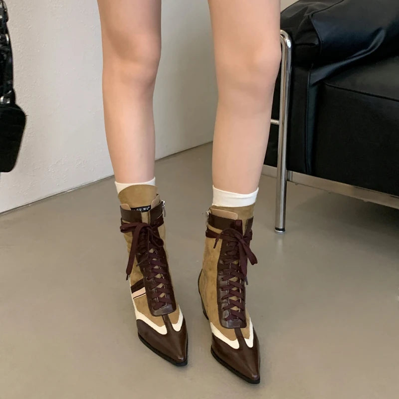 Black And White Boots Women Pointed Toe Lace Up Sports Style Wedges Shoe Fall Mid-calf Boots Comfort High Heels New Arrivals