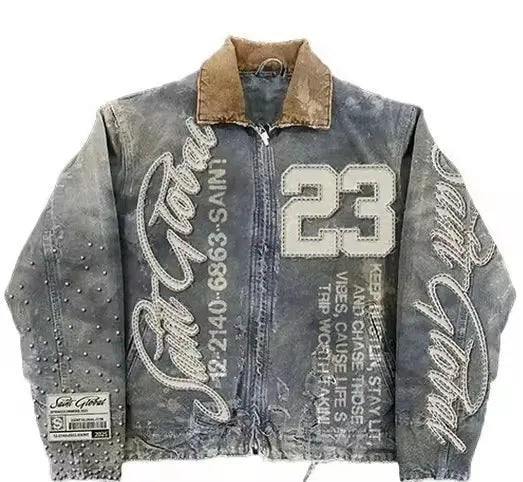 American Retro Denim Jacket  Jeans Two Piece Y2K Clothing Mens Womens Hip Hop Monogram Patchwork Oversized Coats Pants Suit