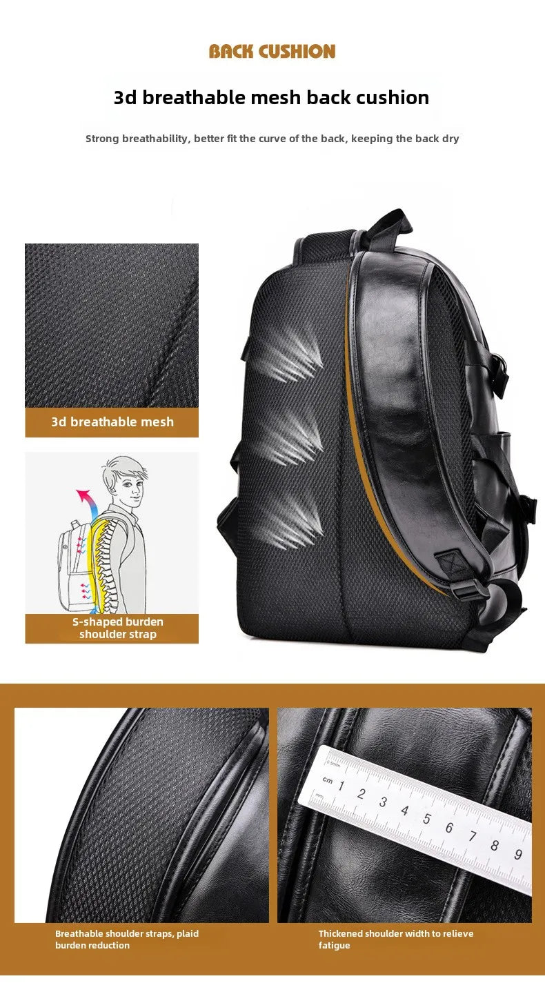 soft PU leather vintage casual backpack for men large capacity travel backpack male laptop shoulder bag waterproof work backpack