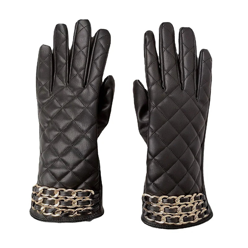 Women Black Chain Thickened Plush PU Leather Gloves