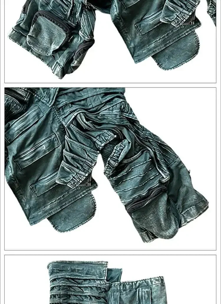 Men and Waste Soil Style  Asymmetric Deconstruction Pleated Jacket Futuristic Washed Short Coat Male