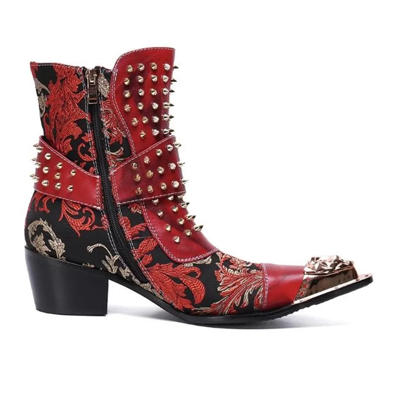 Red Black Leather Pathcwork Studded Ankle Boots For Men Gold Iron Toe Buckle Strap Block Heels Runway Cowboy Riding Chelsea Boot