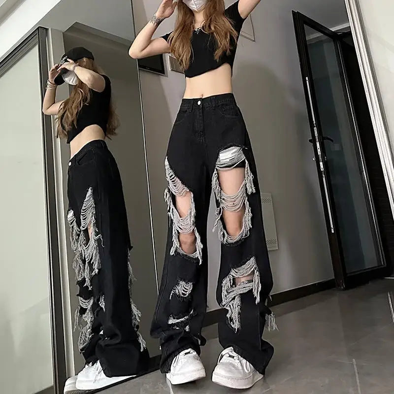 New Front-Rear  Broken Hole Jeans All-Match Distressed Women High Street Hip Hop High Waist Straight Loose Trousers