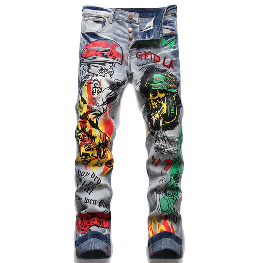 Mens Fashion Skull Painting Colored Street Jeans Letter Print Elastic Denim Skinny Night Club Pants Hip Hop Denim Trousers Blue