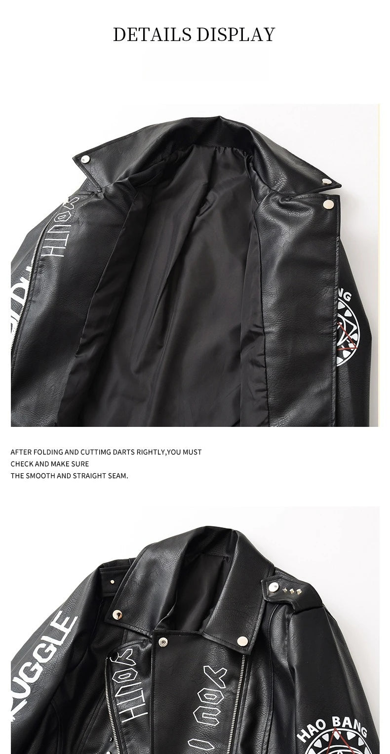 High Street Leather Jacket Women Rivet PU Leather Bomber Jacket Eyelet Print Punk Moto Biker Coat Outerwear Luxury Women Clothes