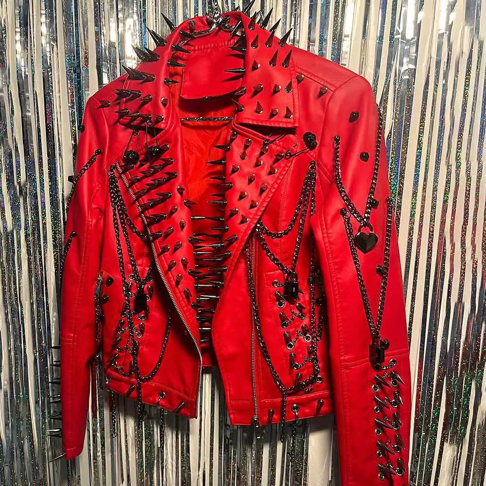 Punk Rock E-Girls Club Wear Harajuku Coat Goth Y2K Pu leather Jacket Zipper Spike Studded Rivet Grunge Chain Emo