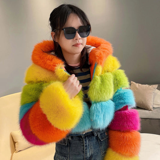 Quality High Simulation Fox Fur 3 Rows Hooded Jacket Colorful Fur Coat