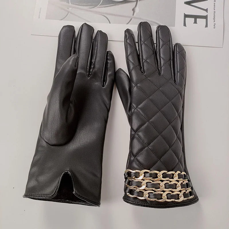 Women Black Chain Thickened Plush PU Leather Gloves