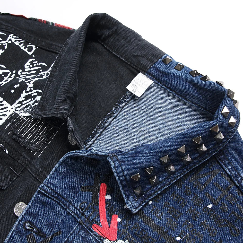 Men Punk Rivet Check Print Denim Jacket Holes Ripped Plaid Patches Patchwork Jean Coat Painted Blue Black Spliced Outerwear