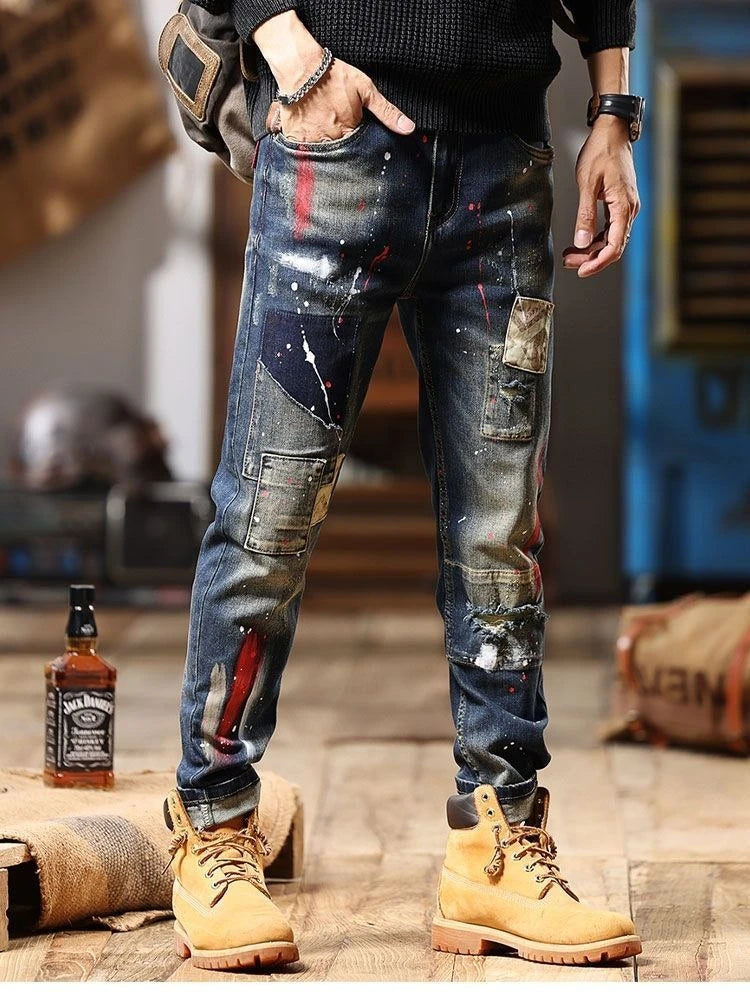 Tapered Jeans for Men Tight Pipe Washed Luxury Wide Leg Stacked Slim Fit Trousers Stylish Casual Kpop Xs Skinny Man Cowboy Pants