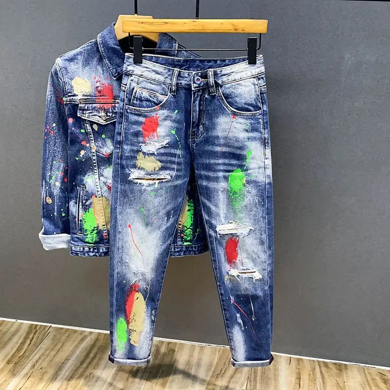 Luxury Brand 2026 Graffiti Jeans Men's Fashion Ripped Spray Paint Pants Ruffian Streetwears
