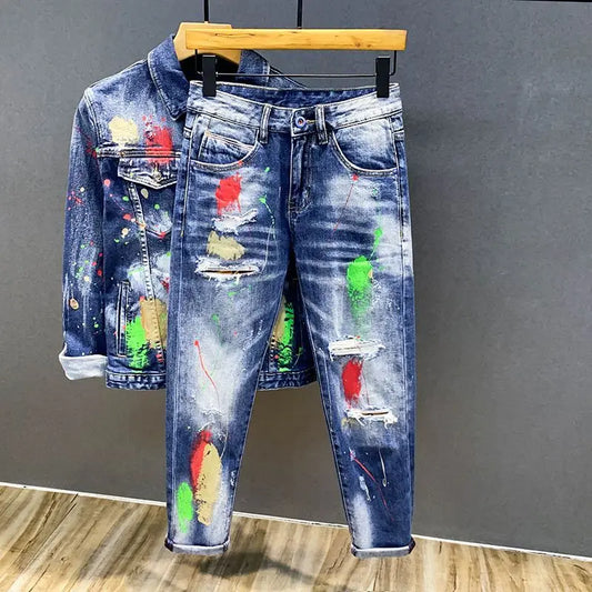 Luxury Brand 2026 Graffiti Jeans Men's Fashion Ripped Spray Paint Pants Ruffian Streetwears