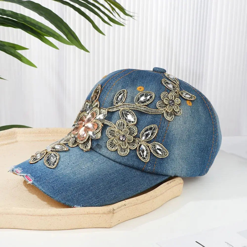 Diamond-studded Baseball Caps Cowboy Hat Cap Golden Flowers