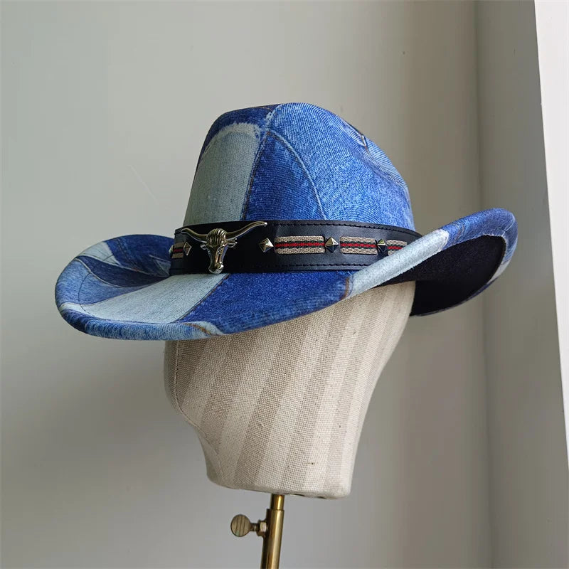 Ethnic Style Cowboy Hat Fashion Chic Unisex Solid Color Jazz Hat With Bull Shaped Decor