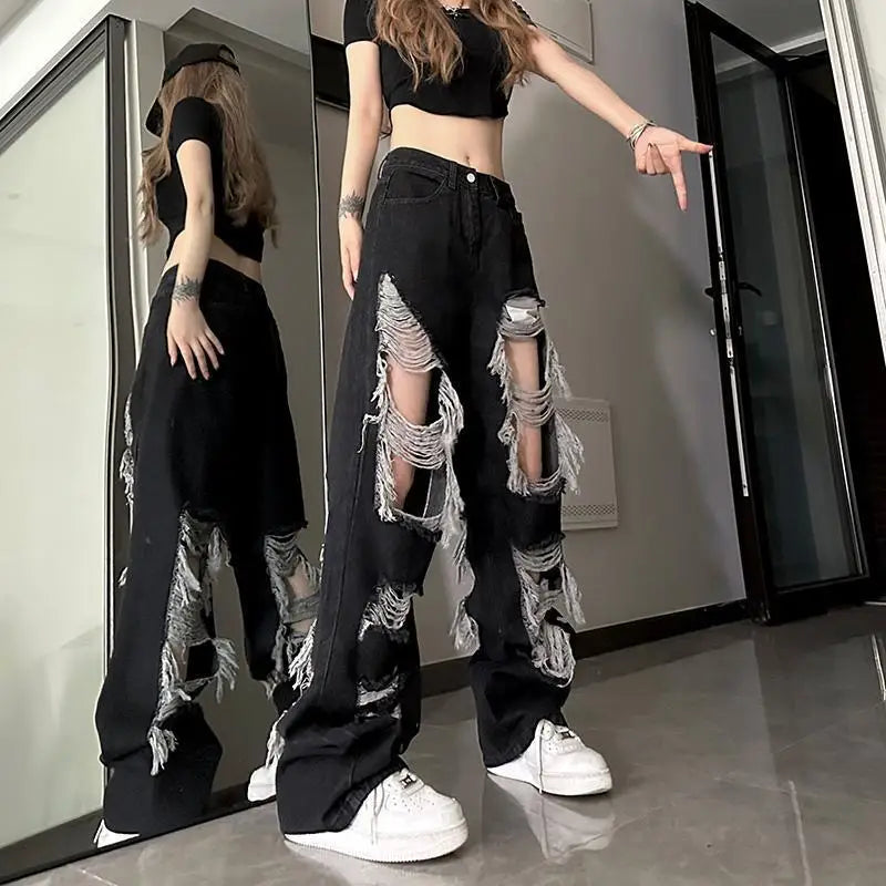 New Front-Rear  Broken Hole Jeans All-Match Distressed Women High Street Hip Hop High Waist Straight Loose Trousers