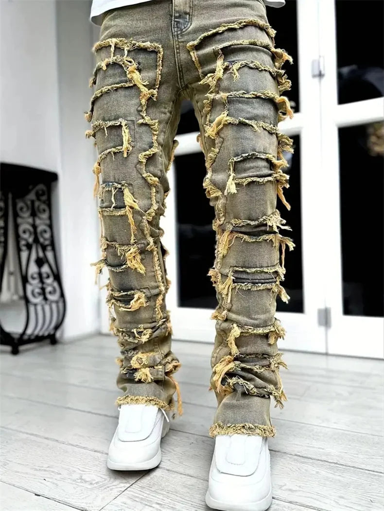 Distressed Men's Jeans Tassels Patchwork Design Vintage Washed Stretch Denim Pants Straight Fashion Streetwear Trousers