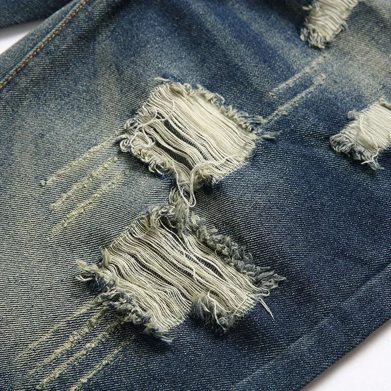 Men Denim Shorts Casual Fashion Street Wear Ripped Hole Patches Distressed Male Straight Jeans Shorts