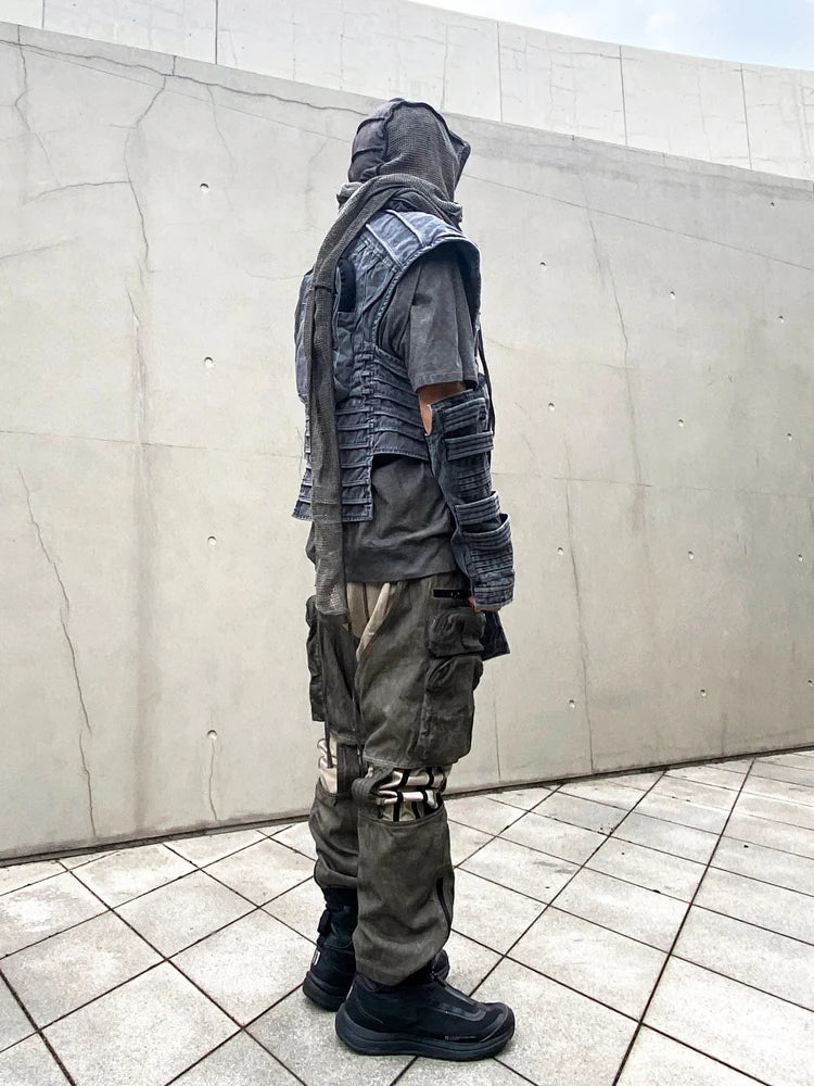 Pioneer Waste Soil Sand Dune Heavy Industry washed Asymmetric stereoscopic Bag Layered High Collar Vest coat