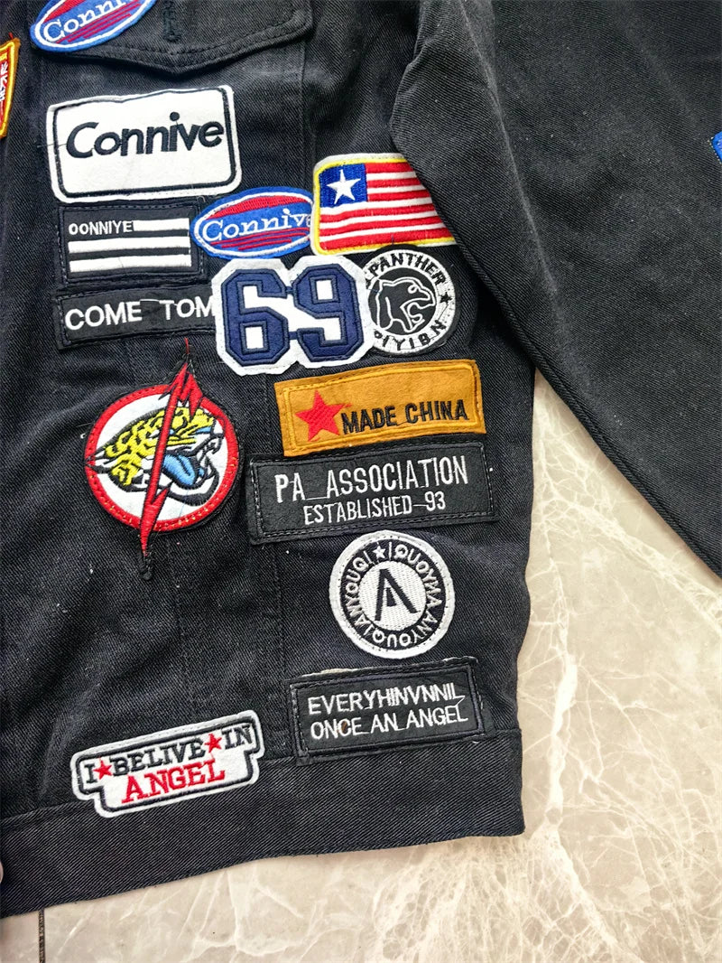 Men's Embroidered Denim Jacket Trendy Slim Fit w Badge Jeans Coat