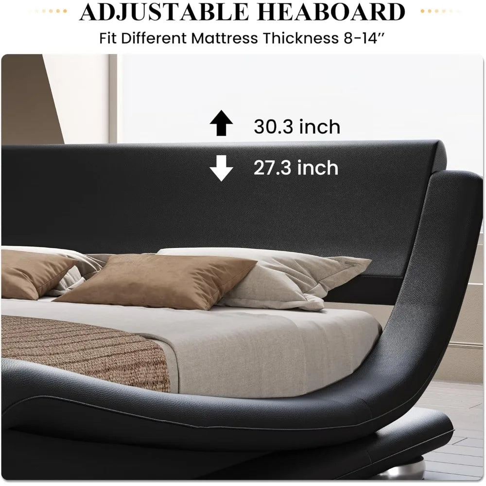 Bed Frame with Faux Leather Ergonomics Headboard, No Box Spring Needed & Easy Assembly