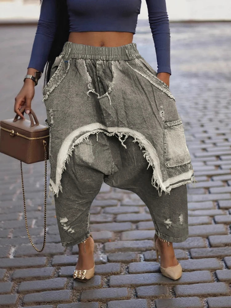 Street Wear Baggy Bag Wide Leg Denim Pants Elastic Waist Distressed Runway Harem Jeans