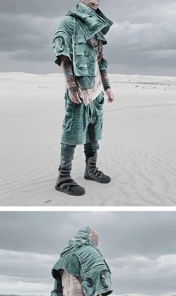 Men and Waste Soil Style  Asymmetric Deconstruction Pleated Jacket Futuristic Washed Short Coat Male