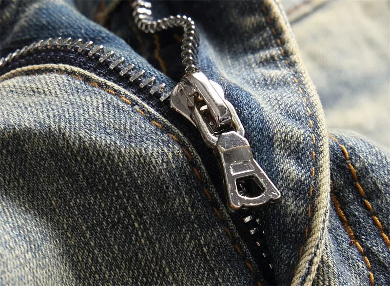 Mens Jeans with Embroidered Leather Patch Hole Punching Casual Black White Star Design by AMR