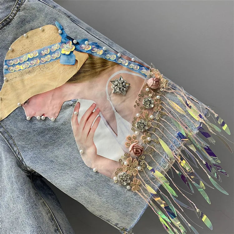 Denim Shorts Womens Heavy Industry Beauty Map Tassel Sequins Beads Broken Hole Five-point Denim Shorts Summer Y2K Straight Pants