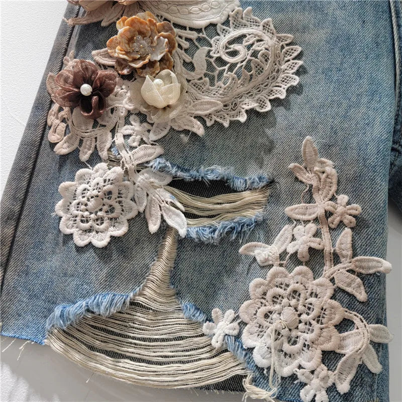 Jenas Shorts Women Summer New Lace Flower Splicing, Brushed, Broken Hole Water Diamond Denim Shorts