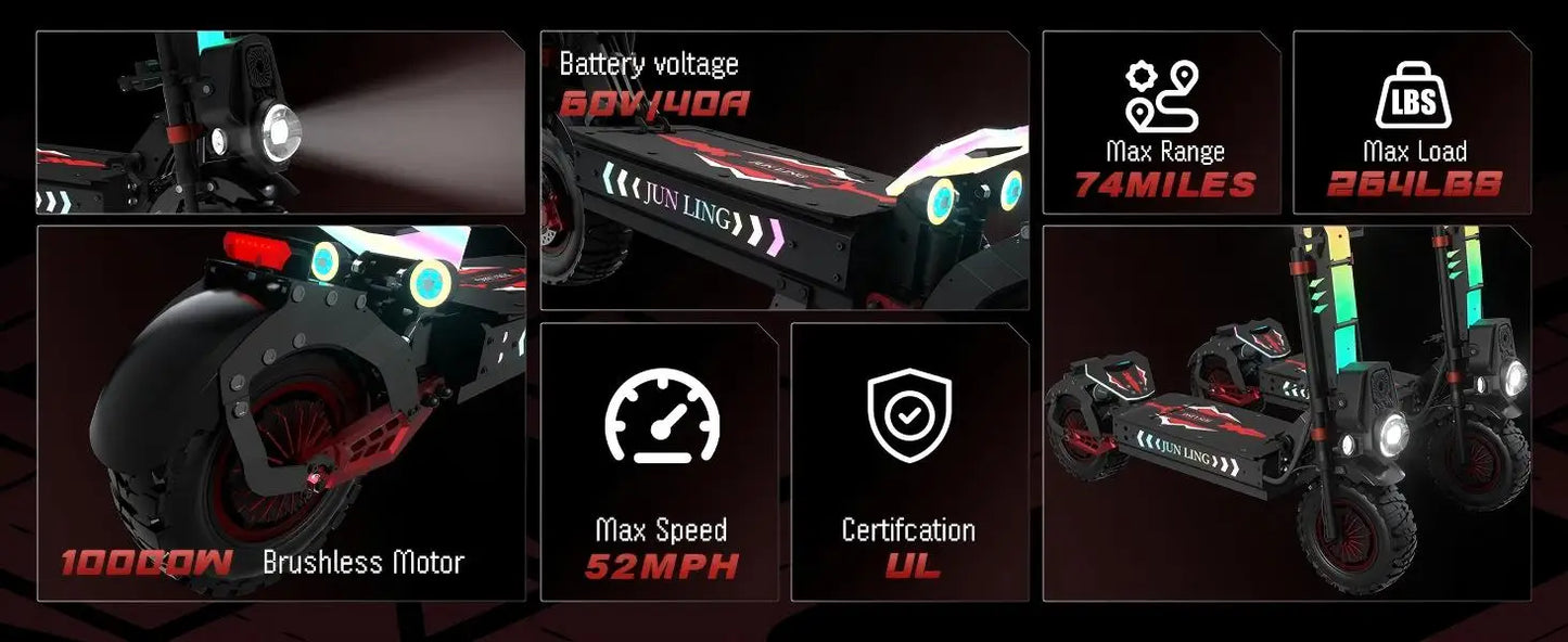 1000W Foldable Adult Electric Scooter 60V 40AH Dual Motor Max Range 74.5 Miles Speed 52.8Mph 13'' All Terrain Electric Scooter