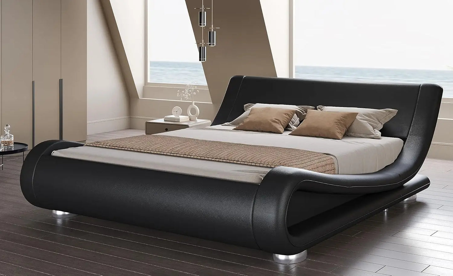 Bed Frame with Faux Leather Ergonomics Headboard, No Box Spring Needed & Easy Assembly
