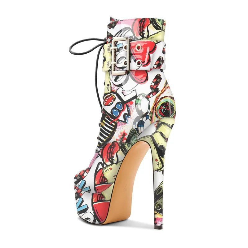 2026 Sexy Leopard Heels Ladies Ankle Boots Platform Front Lace-Up Buckle Strap Catwalk Stiletto