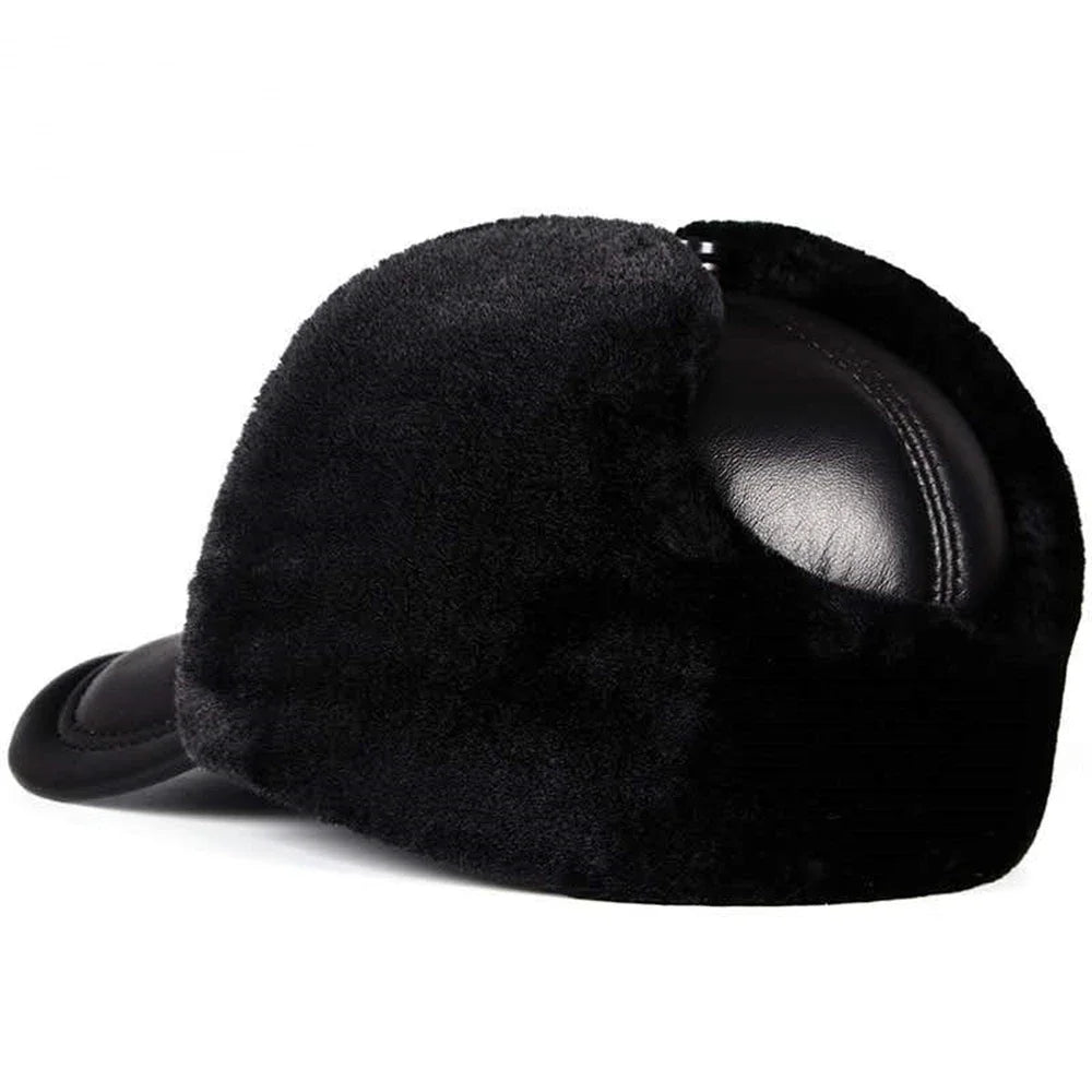 High Quality Genuine Leather Hats Winter First Layer Cowhide Warm Earmuffs Bomber Caps Plus Velvet Thicken Man Bone Caps Dad Hat