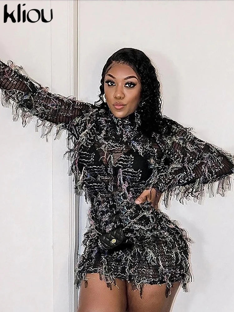 kliou Ruched Patchwork Mini Dress Women Striped Stacked Autumn Full Sleeve Crew Neck Holes Chic Bodycon Female Trend Streetwear