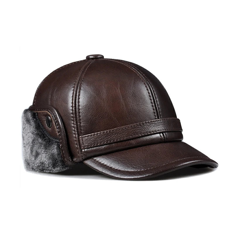 High Quality Genuine Leather Hats Winter First Layer Cowhide Warm Earmuffs Bomber Caps Plus Velvet Thicken Man Bone Caps Dad Hat