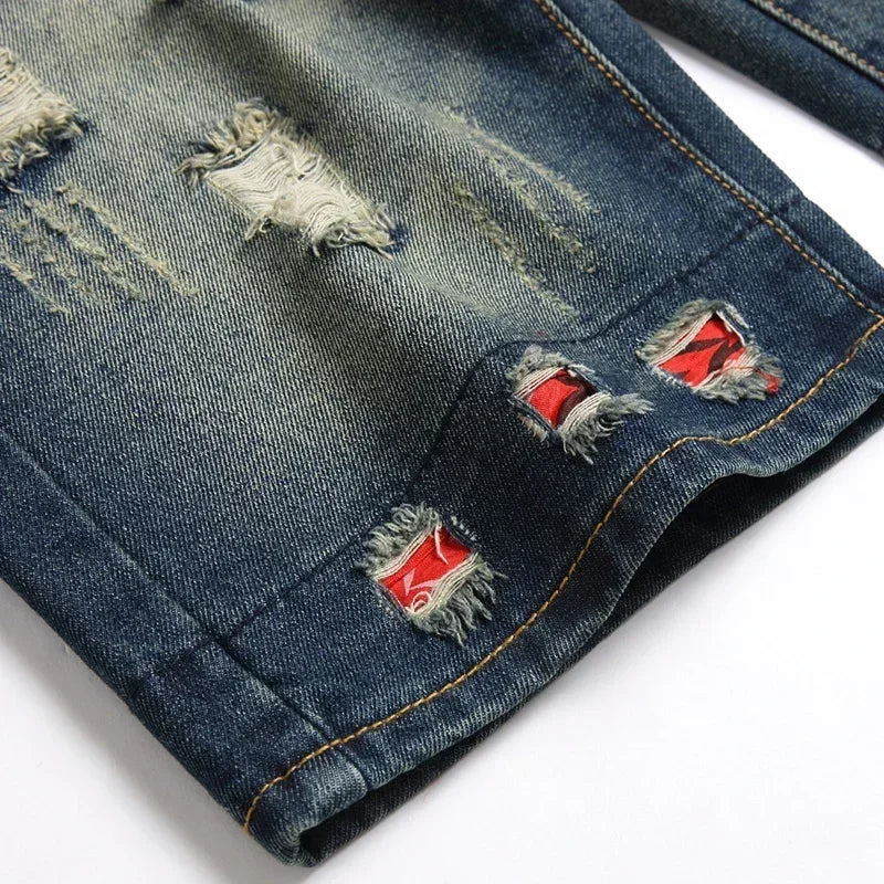 Men Denim Shorts Casual Fashion Street Wear Ripped Hole Patches Distressed Male Straight Jeans Shorts