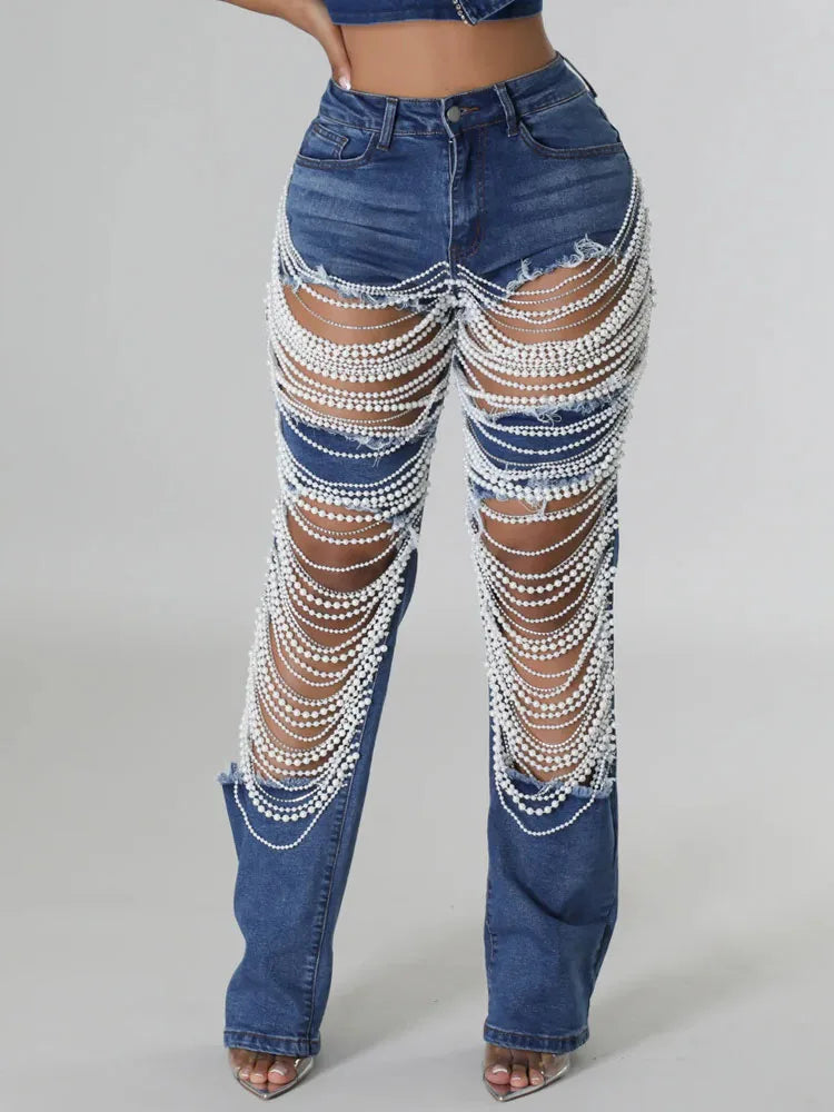 Women's Ripped Denim Pants Pearl Rhinestones Chain Distressed Slim Fit Skinny Jeans Night Club Jeans