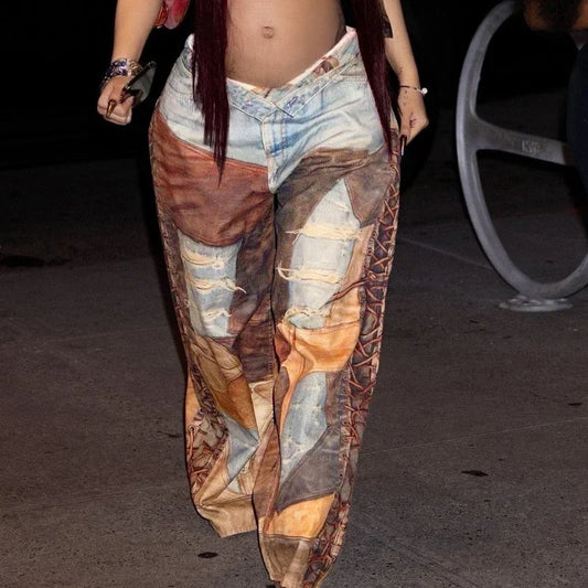 Women Denim Casual Leather Wide Leg Pants Streetwear Lady Loose Straight-Leg Jeans