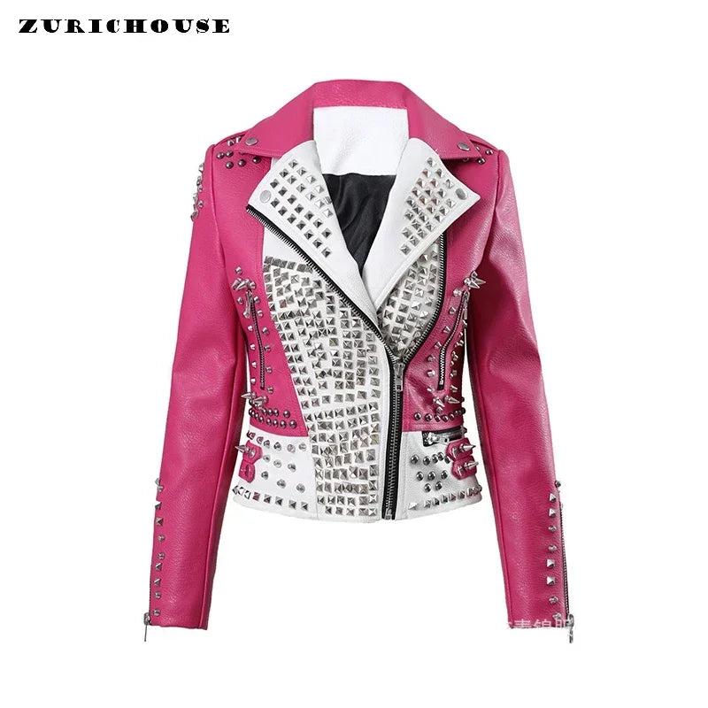 Punk Studded Motorcycle Leather Jacket Women 2026 Trend Streetwear Contrast Color Stitched Faux Leather Embroidered Jackets
