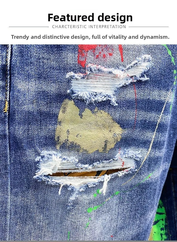 Luxury Brand 2026 Graffiti Jeans Men's Fashion Ripped Spray Paint Pants Ruffian Streetwears