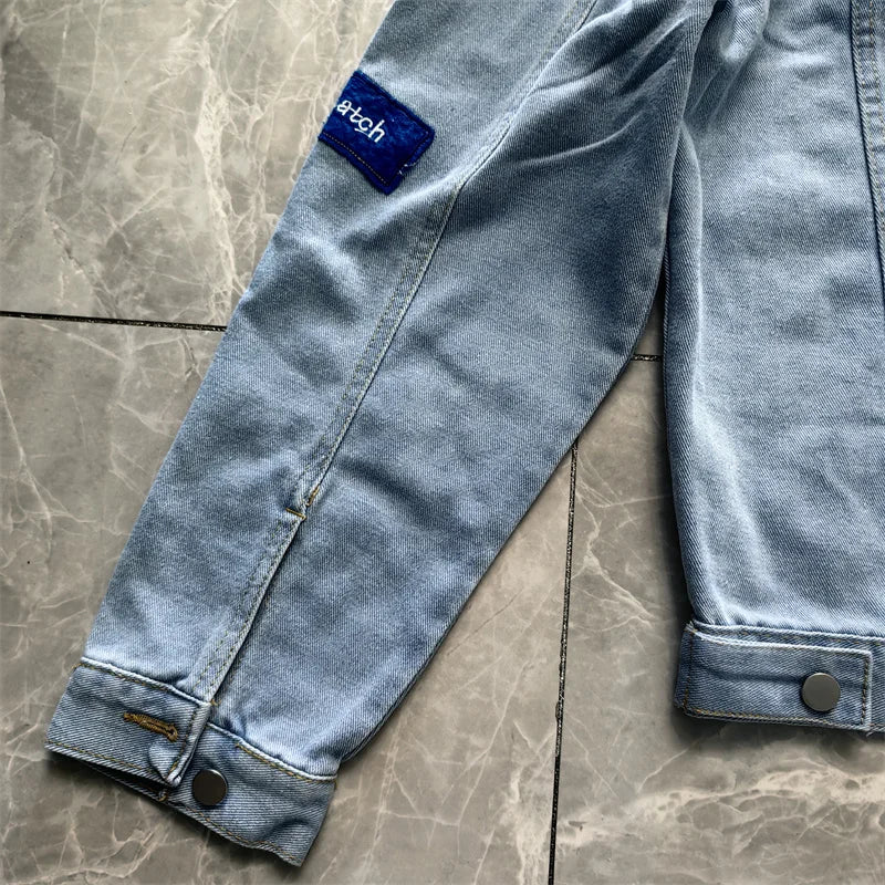 Men's Embroidered Denim Jacket Trendy Slim Fit w Badge Jeans Coat