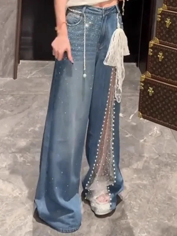 Autumn Winter Women's Denim Pants Mesh Patchwork Y2K Streetwear Baggy Jeans Grunge Japanese Harajuku Cowboy Tide Designer