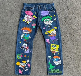 American cartoon pattern printed high street retro women's high waist fashionable straight loose jeans casual wide-leg jeans